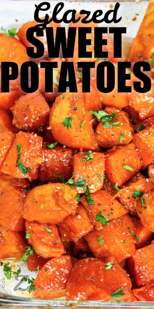 Glazed Sweet Potatoes cooked in a casserole dish with writing