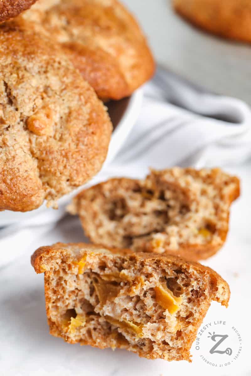 Peach Sourdough Muffins with one in half