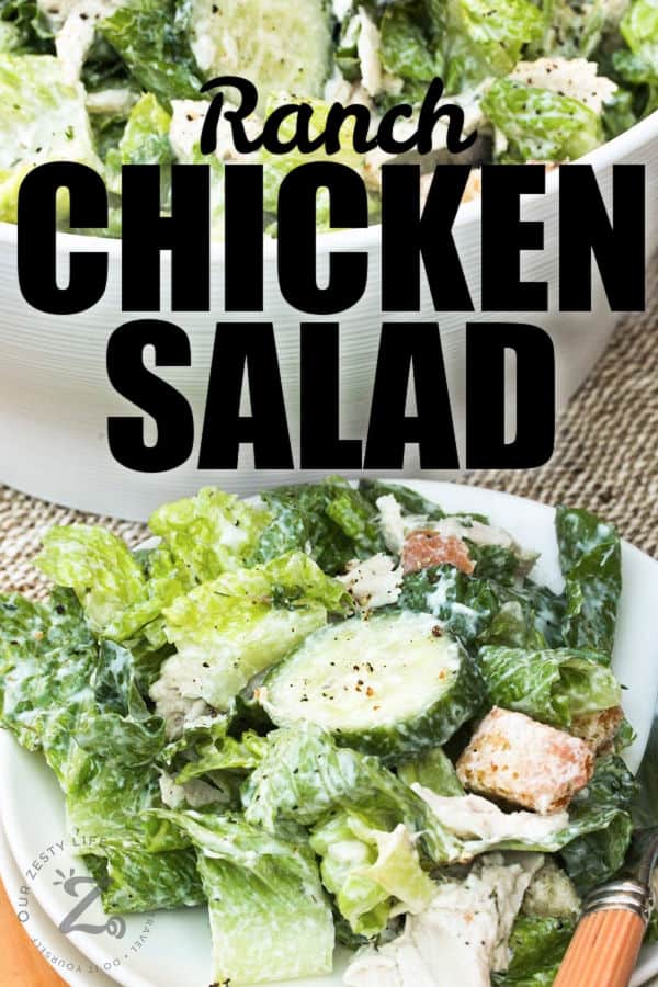 Ranch Chicken Salad on a plate with bowl in the background and a title