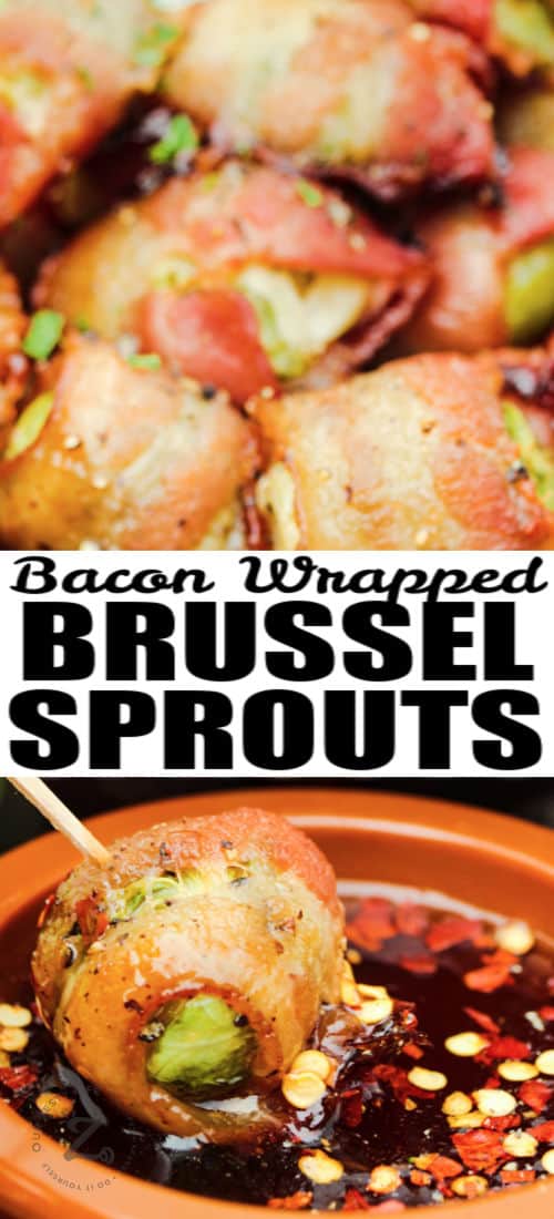 dipping Bacon Wrapped Brussel Sprouts in sauce with a title