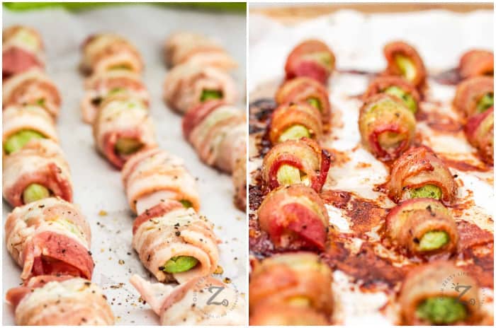 Uncooked Bacon Wrapped Brussel Sprouts, and baked sprouts