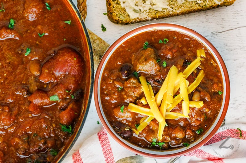 Chili with Stew Meat in a pot and bowl