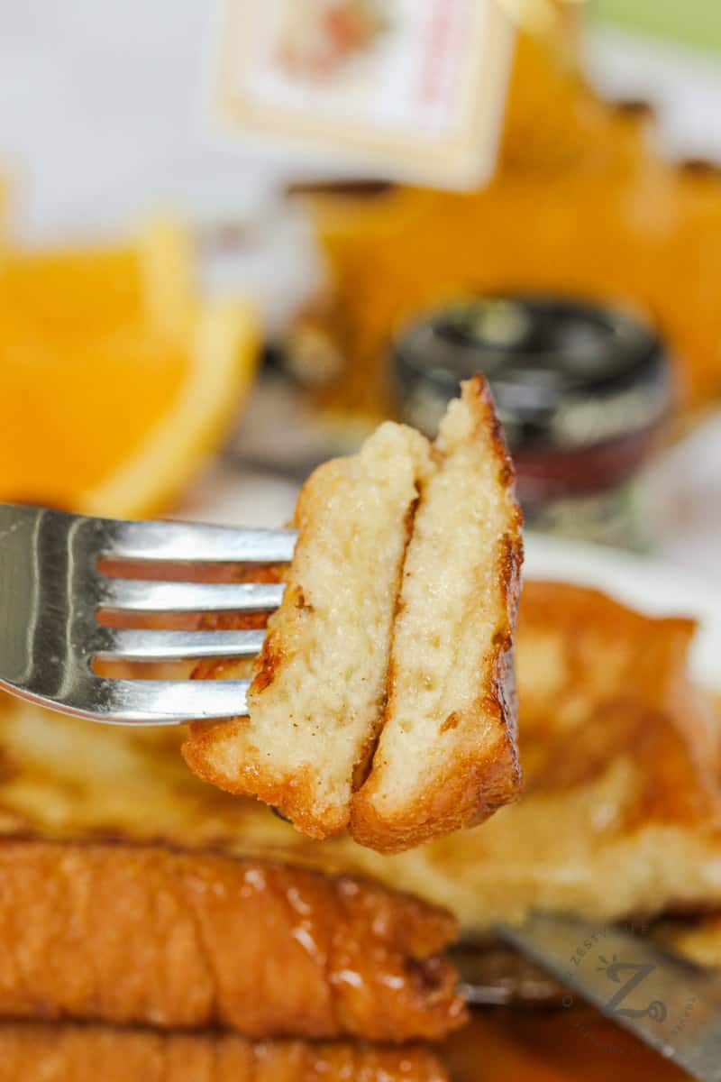 piece of French Toast on a fork close up