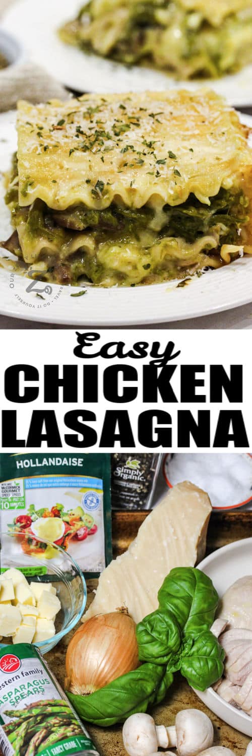ingredients to make Chicken Lasagna with plated dish and a title