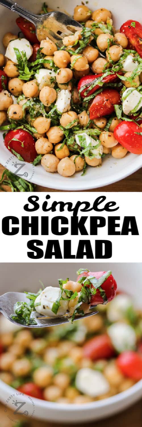 Chickpea Salad in a bowl and on a fork with a title