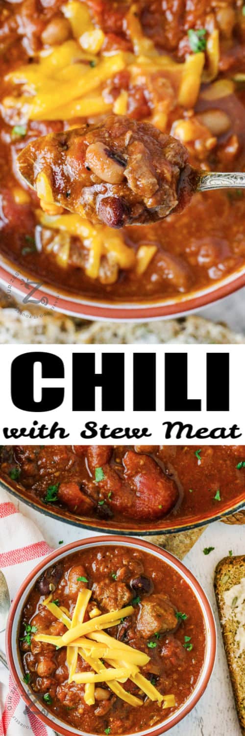 plated Chili with Stew Meat and close up of spoon full with a title