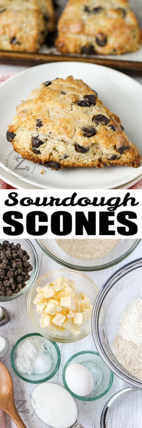 ingredients to make sourdough scones with plated dish and a title