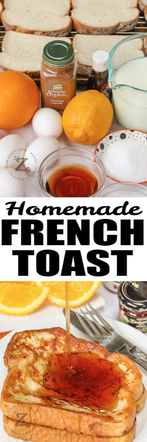 ingredients to make French Toast with plated dish and a title