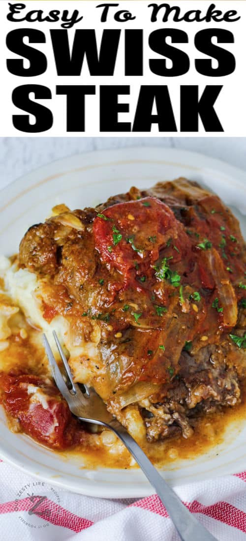 plated Swiss Steak with a title