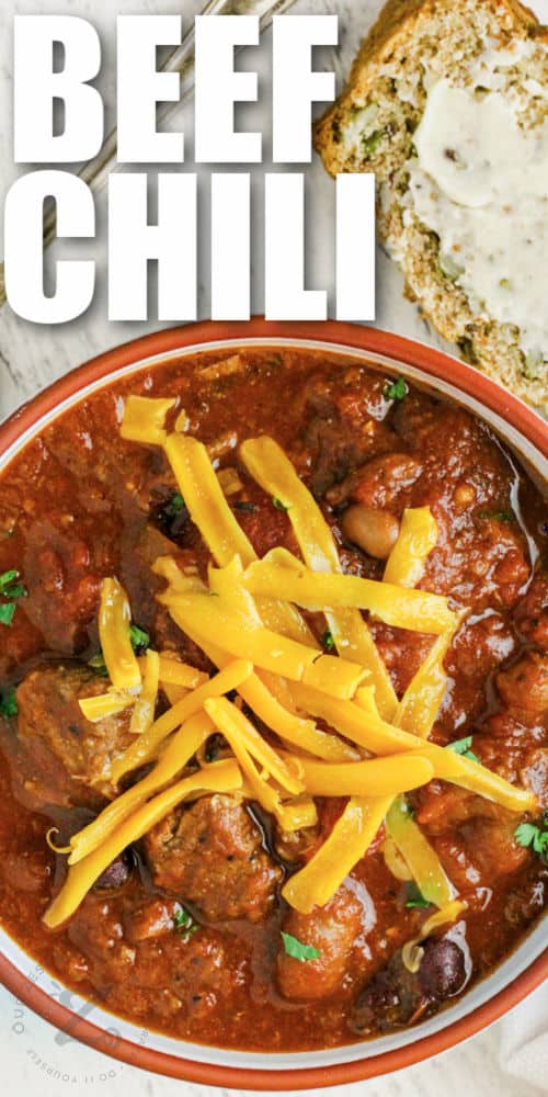 close up of plated Chili with Stew Meat with writing