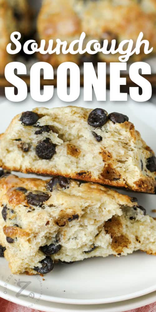 close up of a Chocolate Chip Sourdough Scones cut in half with a title