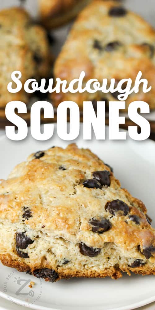 plated Chocolate Chip Sourdough Scones with a title