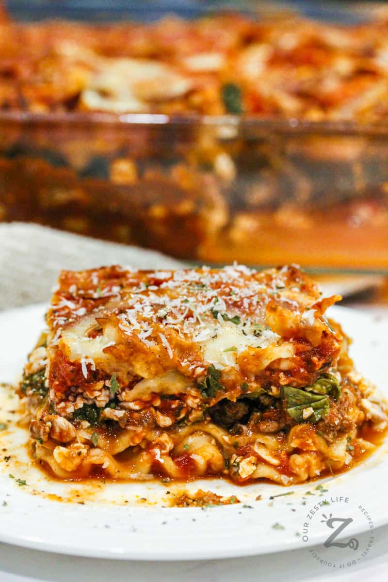 plated Spinach Lasagna with a casserole in the background