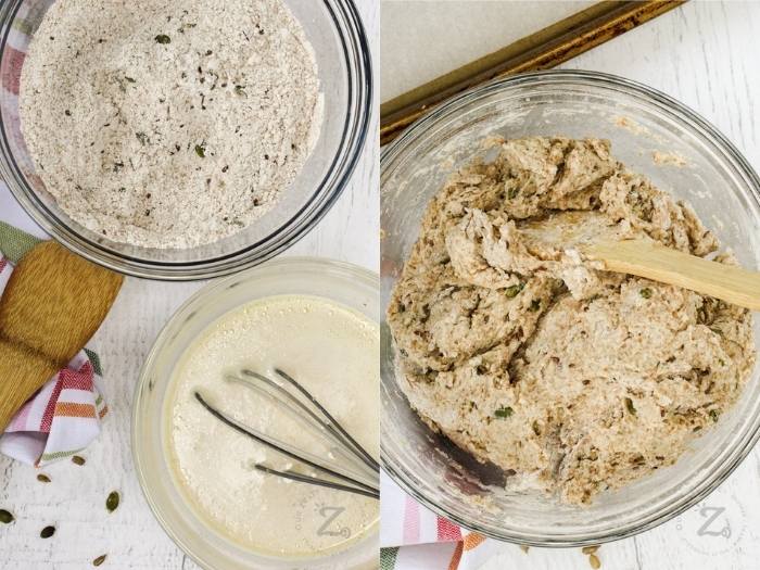 process of adding and mixing dry and wet ingredients to make Sourdough Soda Bread