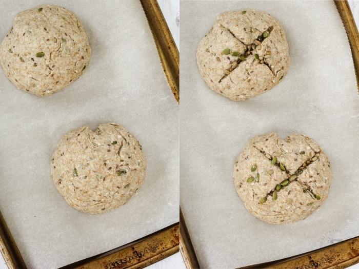 process of cutting and adding seeds to Sourdough Soda Bread