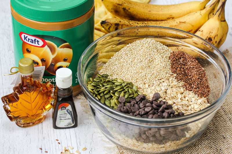 close up of ingredients to make Banana Granola Bars in a bowl