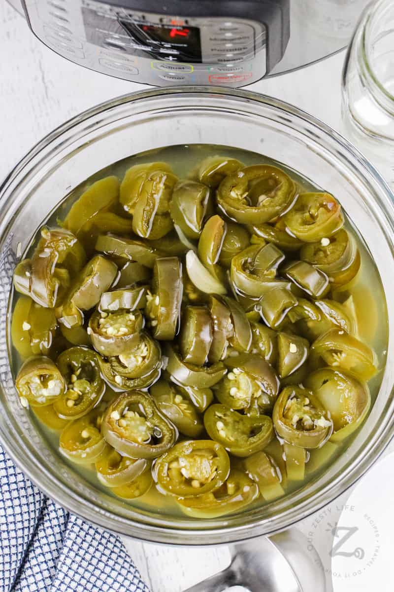 top view of Instant Pot Quick Pickled Jalapenos in a bowl