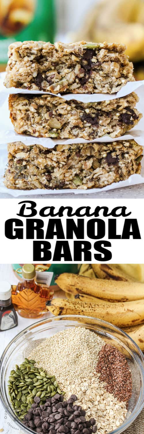 ingredients to make Banana Granola Bars with finished bars in a pile with a title