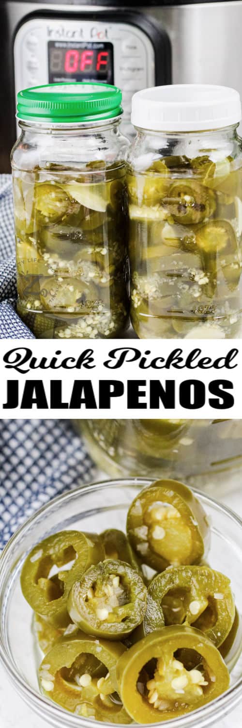 Instant Pot Quick Pickled Jalapenos in a dish and jarred with a title