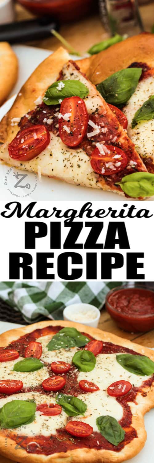 Margherita Pizza and a close up of a slice with writing