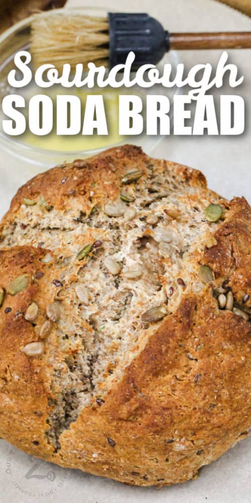 loaf of Sourdough Soda Bread with writing