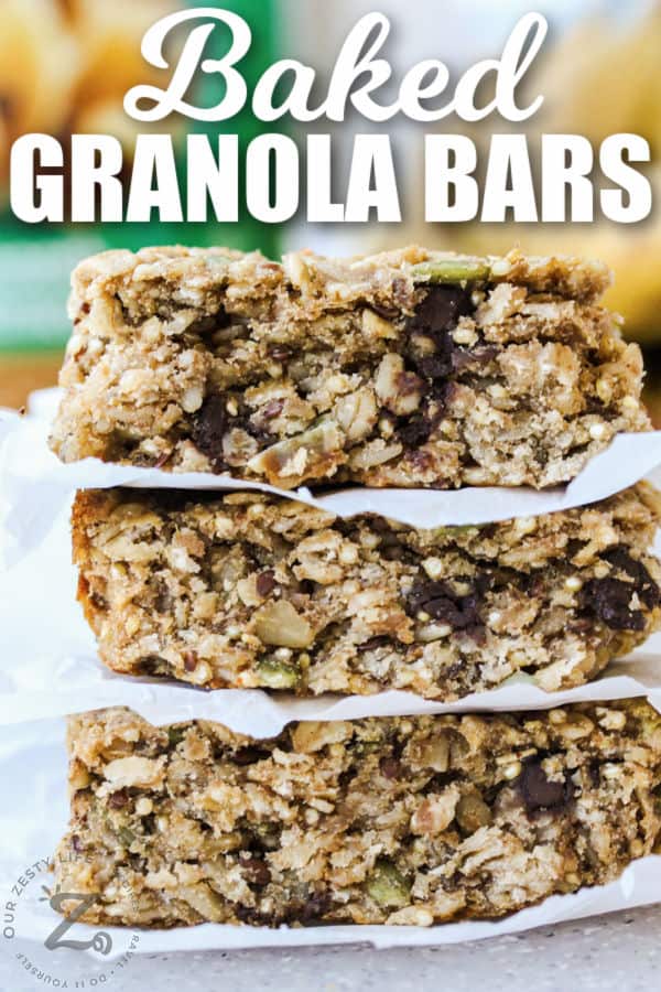 close up of a pile of Banana Granola Bars with a title