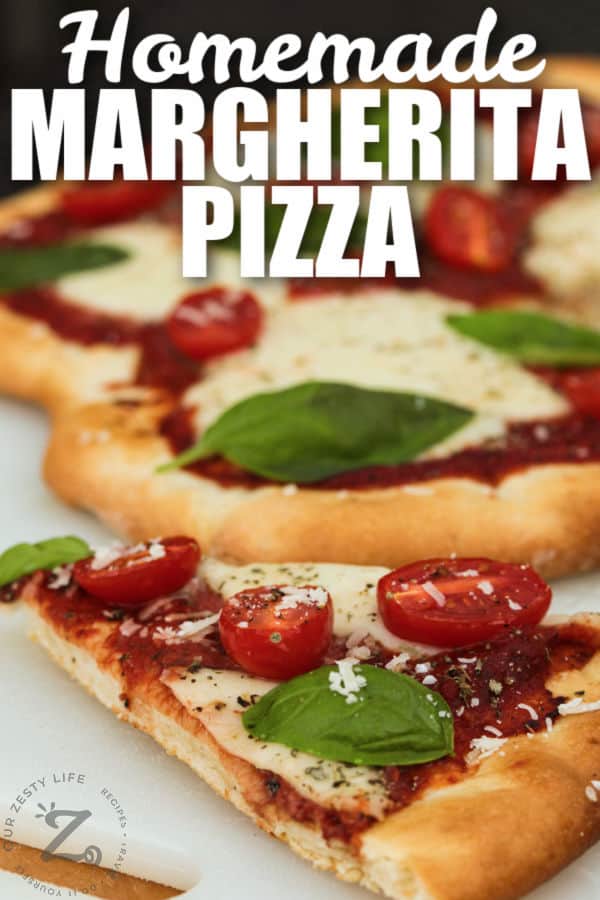 close up of a slice of Margherita Pizza with title