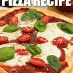 cooked Margherita Pizza with writing