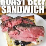 plated Open Faced Roast Beef Sandwich with writing