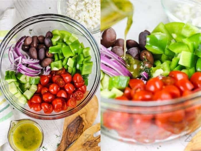 process of adding salad dressing to Greek Salad