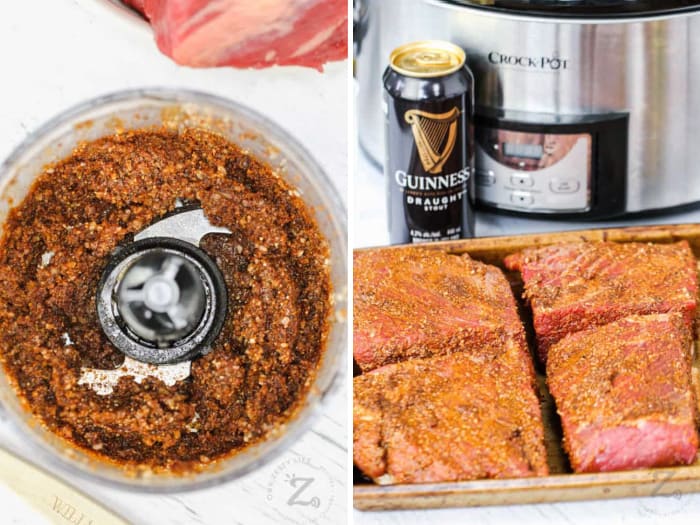 process of blending seasonings and putting on beef to make Beef Brisket Slow Cooker Recipe