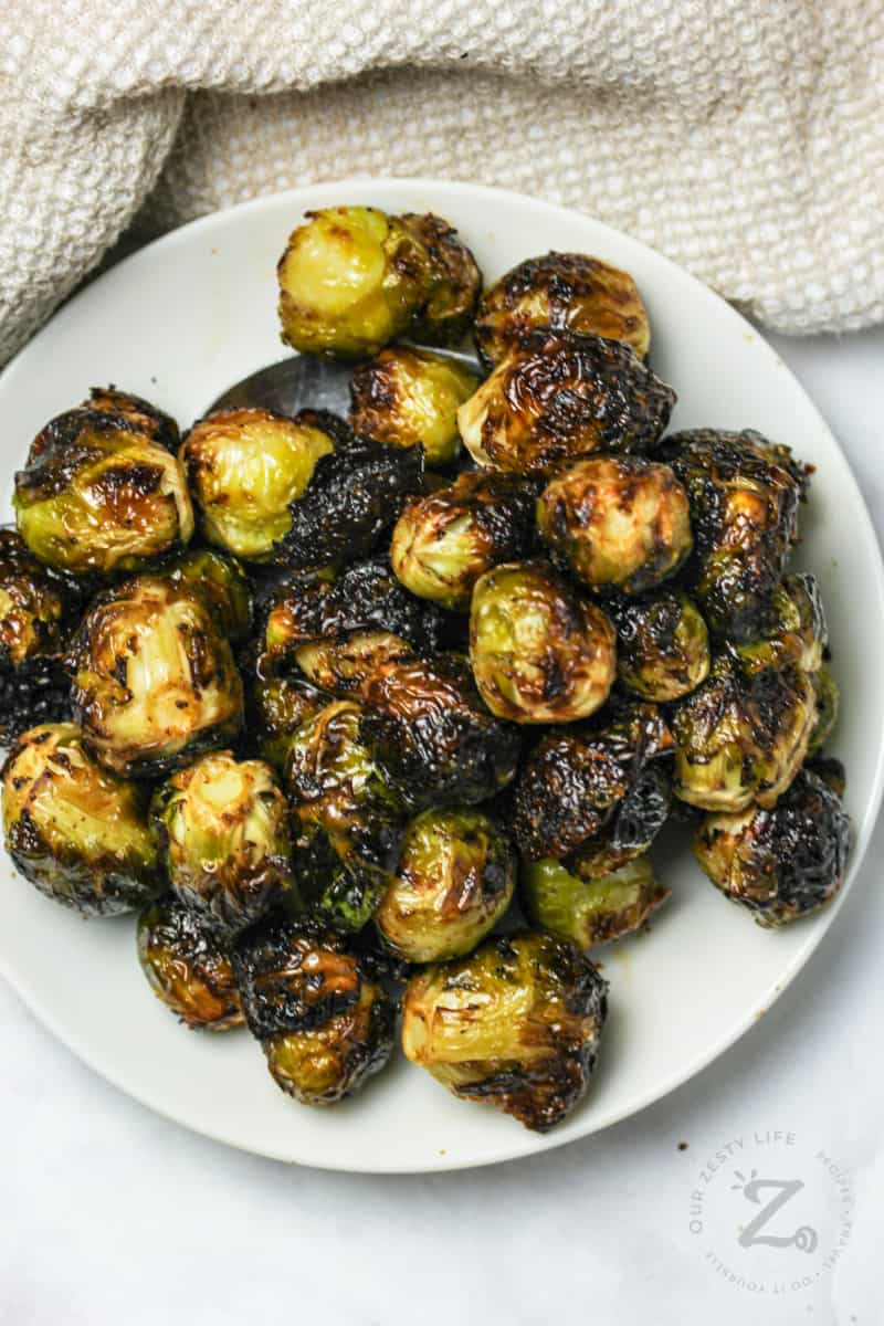 top view of Air Fryer Brussels Sprouts on a plate