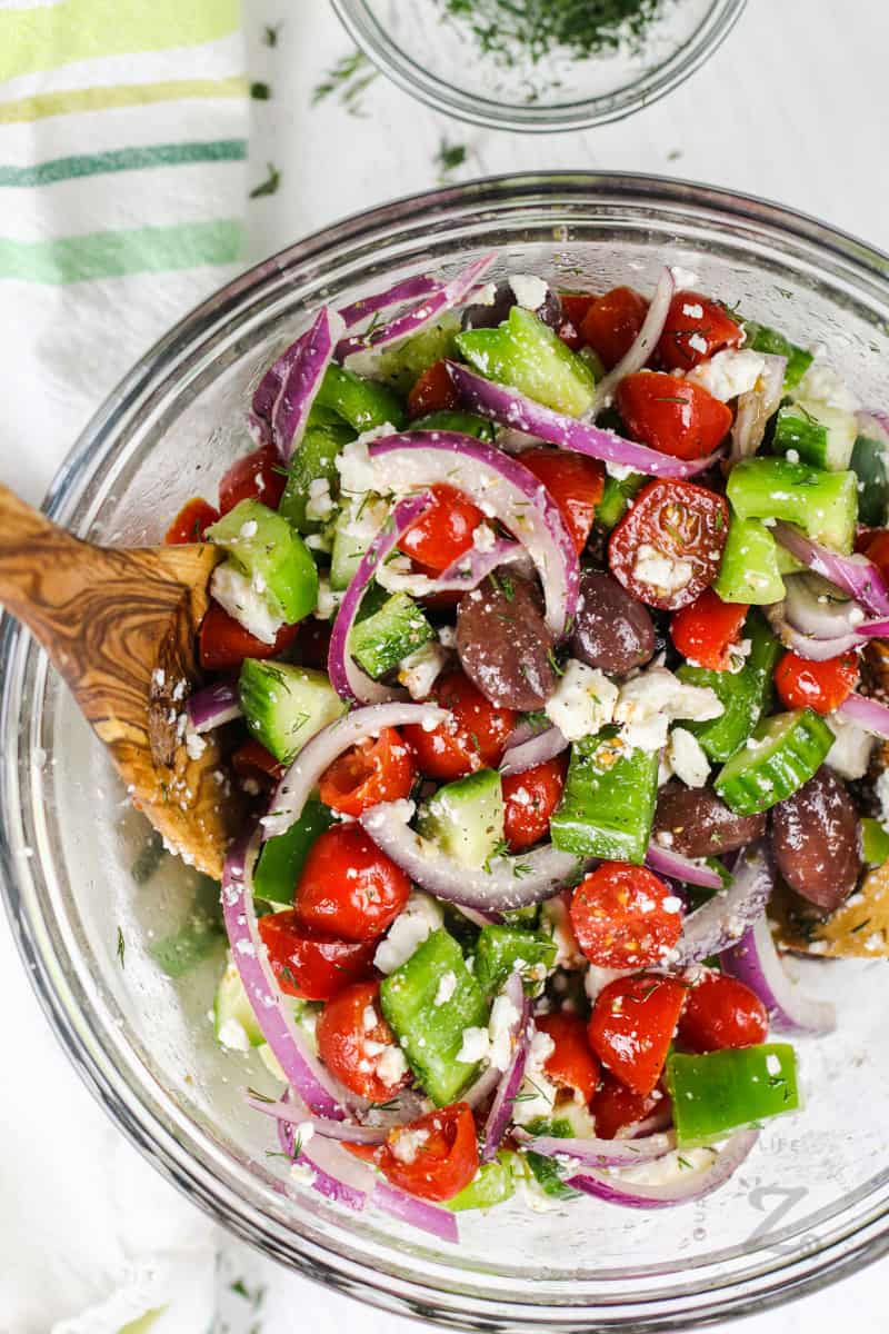 top view of Greek Salad in a glass bowl