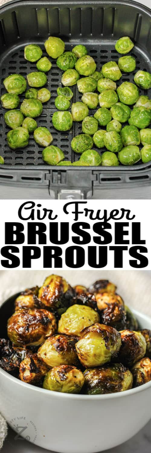 Air Fryer Brussels Sprouts in the air fryer and plated with a title