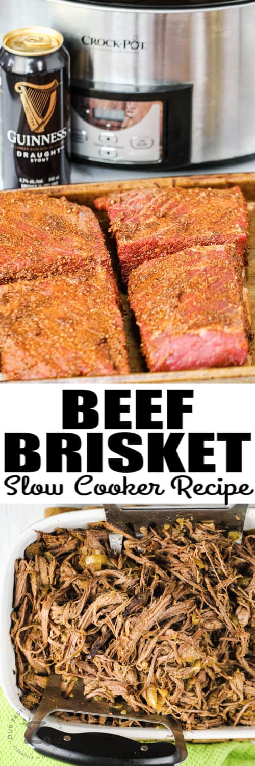 Beef Brisket Slow Cooker Recipe before and after cooking with a title