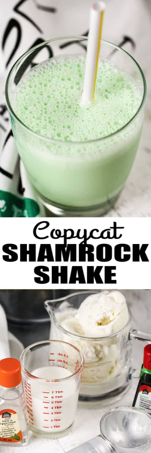 ingredients to make a Copycat Shamrock Shake with a finished glass full and a title
