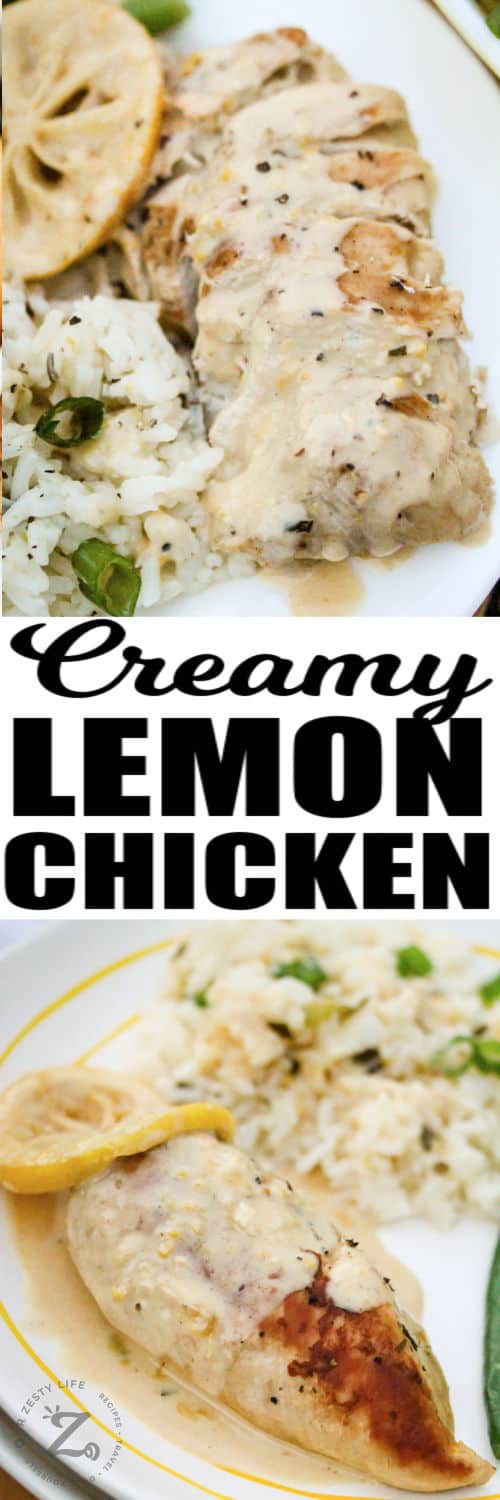 plated and sliced Creamy Lemon Chicken with a title