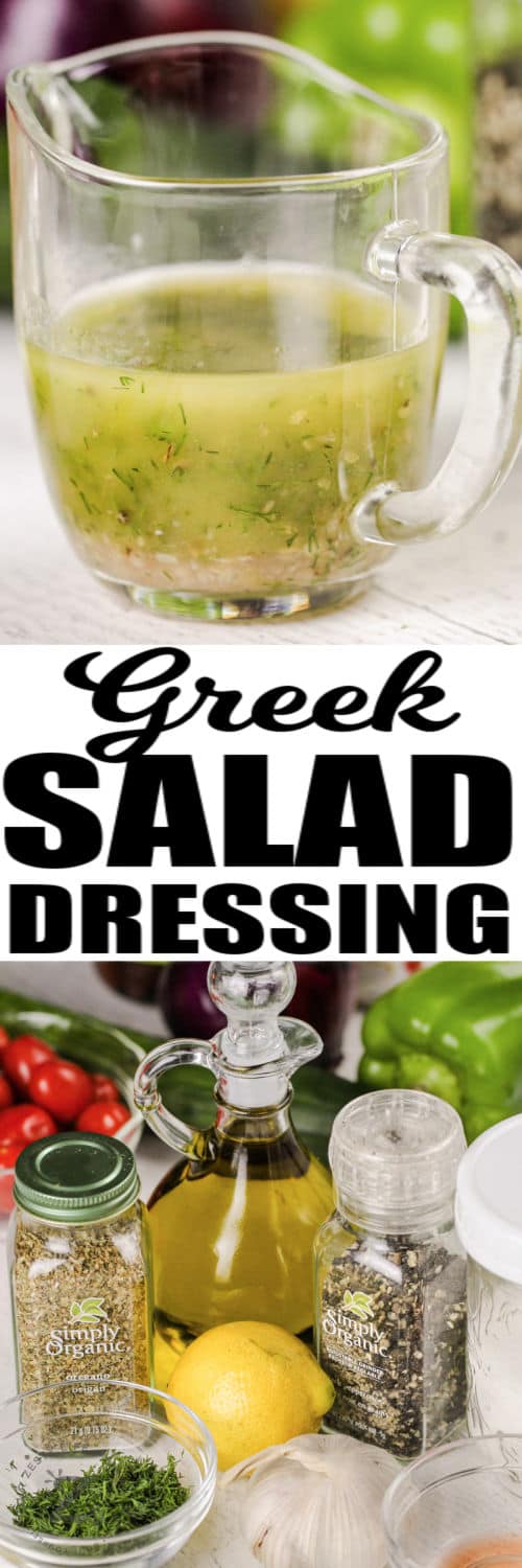 ingredients to make Greek Salad Dressing with finished dressing in a jar with writing
