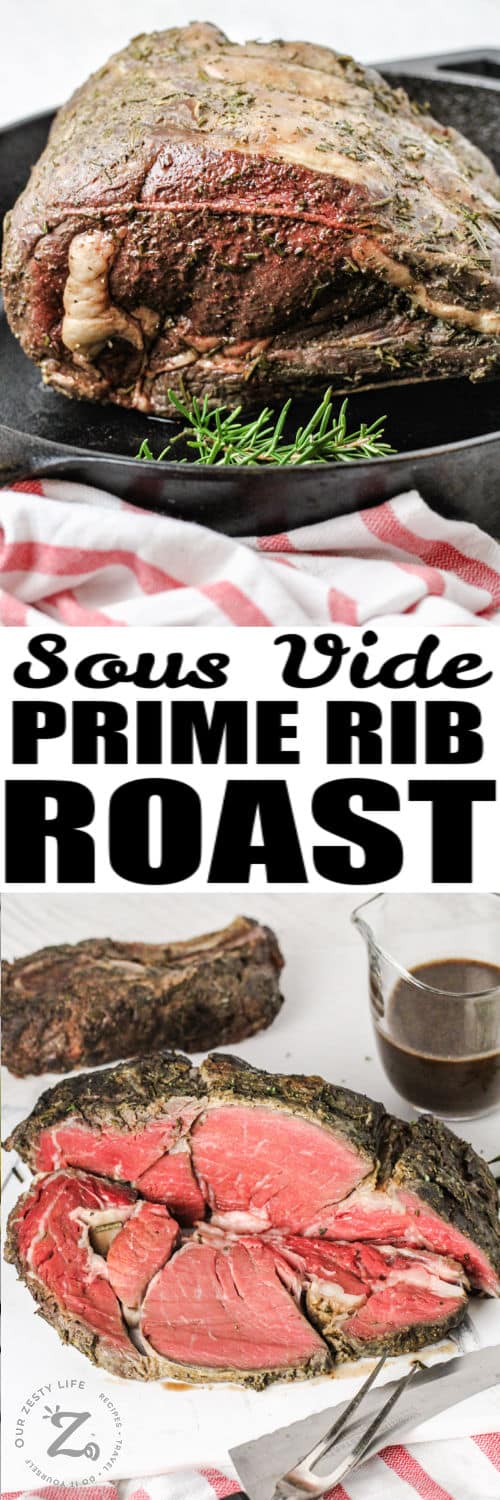 Sous Vide Prime Rib Roast in the pan and sliced with a title