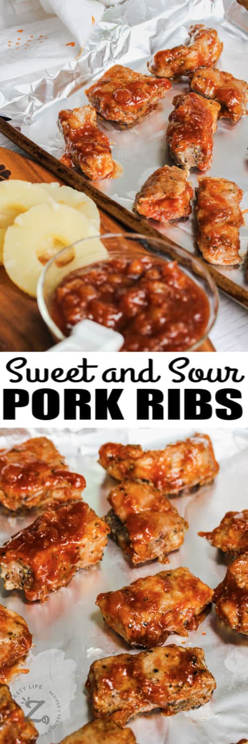 Sweet and Sour Spare Ribs on a tin foil baking sheet with sauce and a title