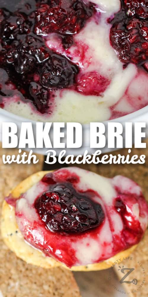 Baked Brie with Berries on a cracker with a title