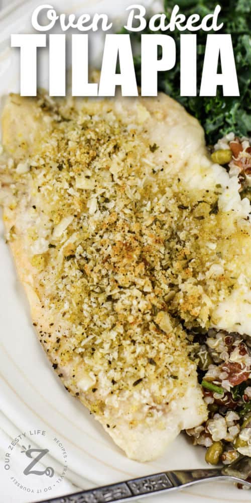 close up of Baked Tilapia with writing