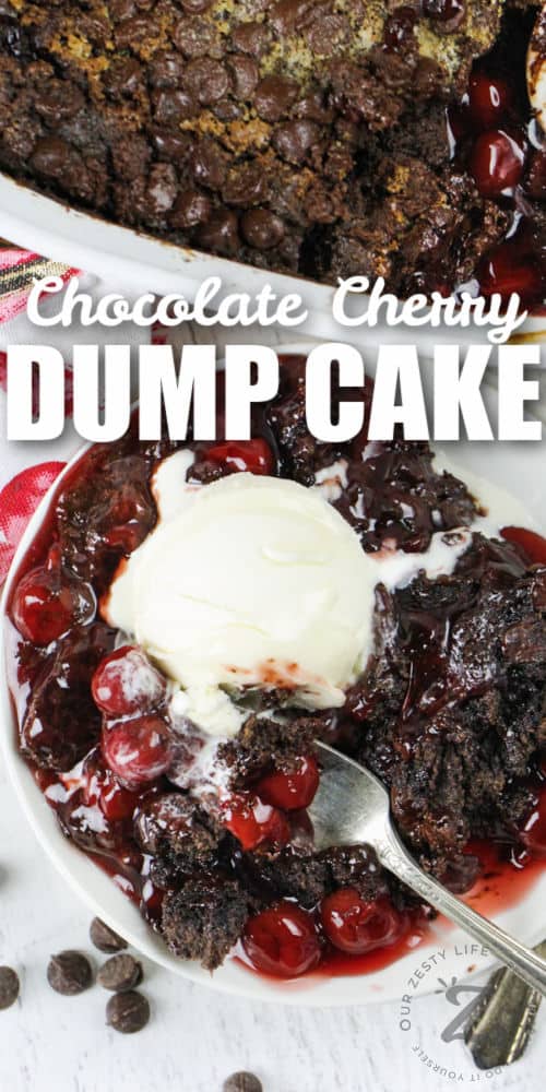 Chocolate Cherry Dump Cake with writing