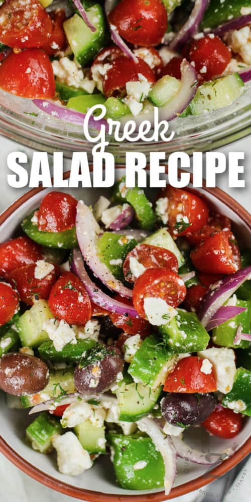 bowl of Greek Salad with a title
