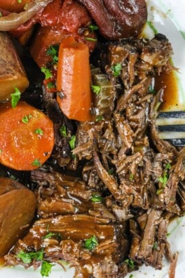 close up of Pot Roast on a plate with carrots