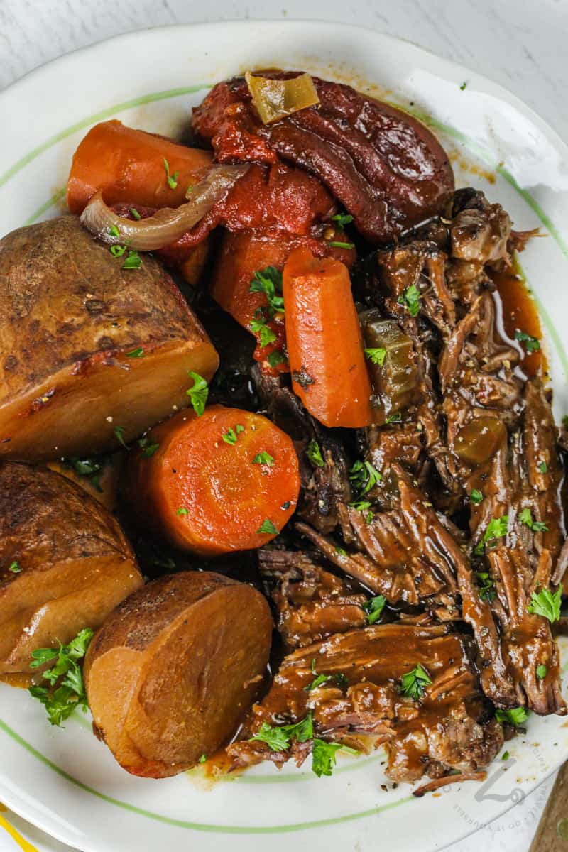 plated Pot Roast with potatoes and carrots