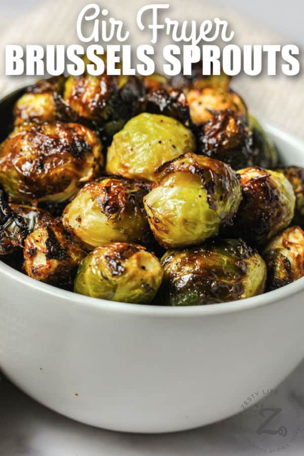plated Air Fryer Brussels Sprouts with a title