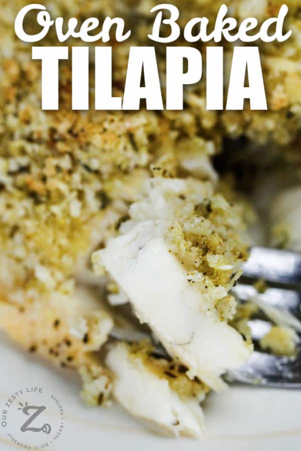 Baked Tilapia on a fork with writing