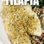 Baked Tilapia on a plate with a title