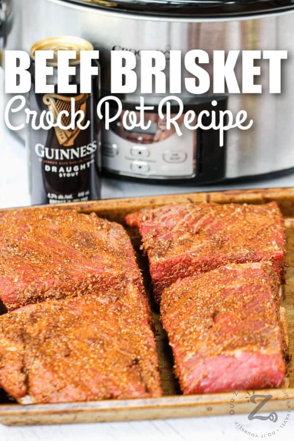 Beef Brisket Slow Cooker Recipe on a baking sheet with a title
